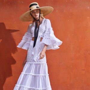 ALEXIS “Godiva” white cotton textured bell sleeve crop wrap top XS